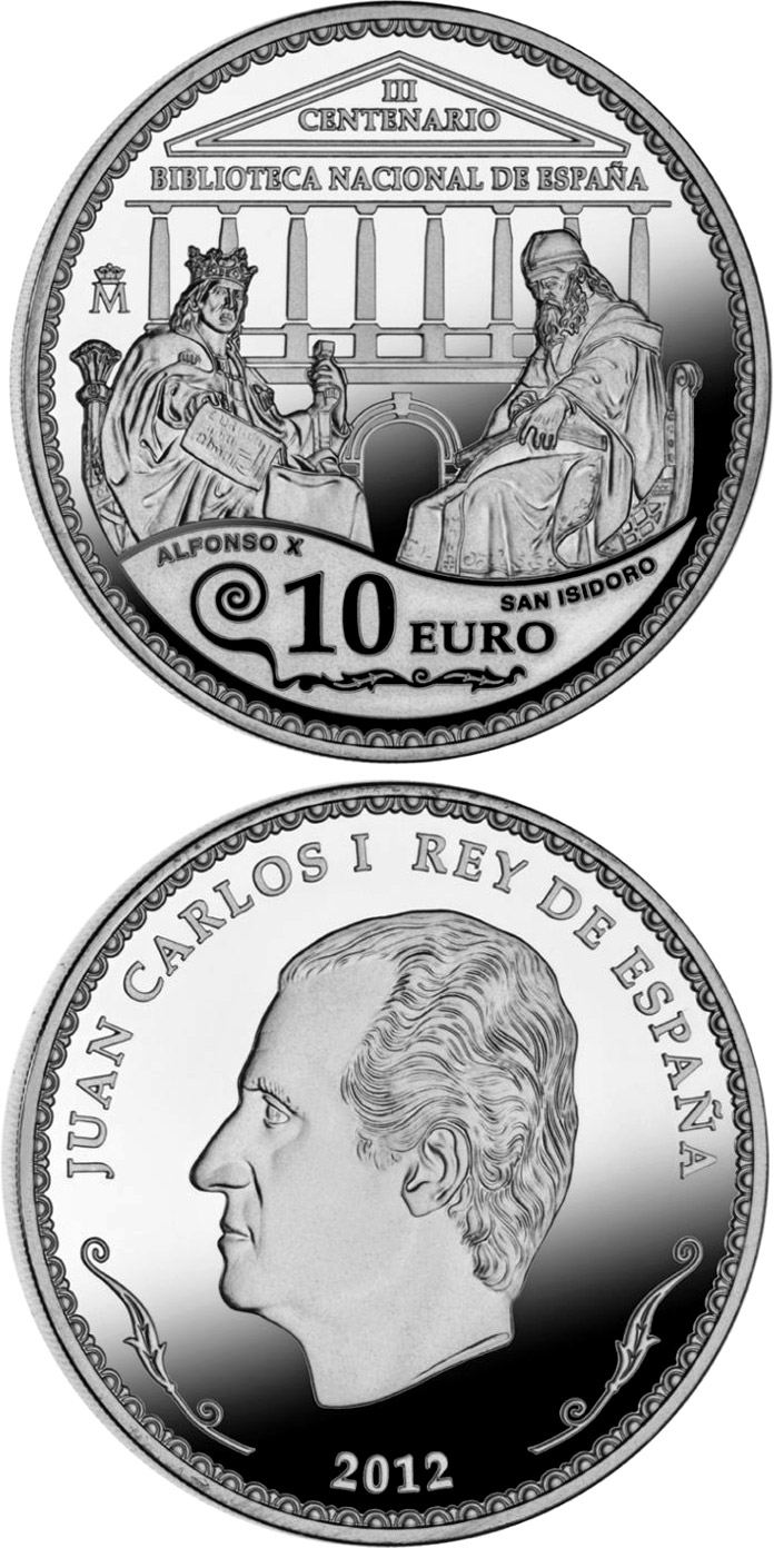 Image of 10 euro coin - 300th Anniversary of the National Library of Spain  | Spain 2012.  The Silver coin is of Proof quality.
