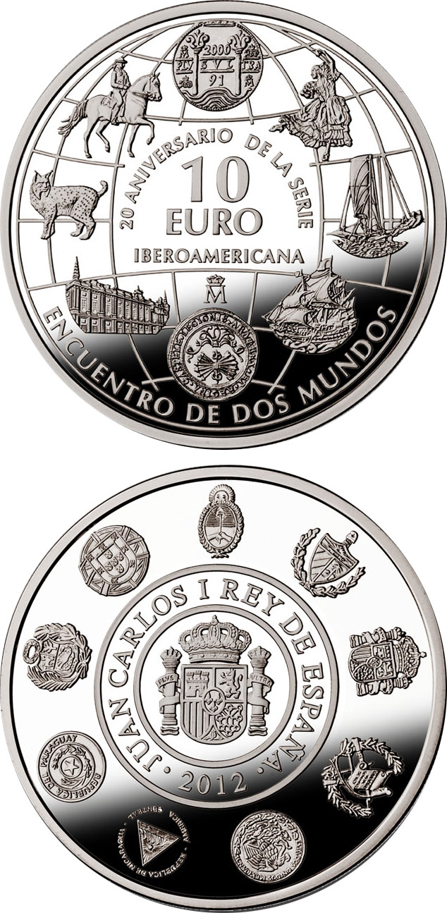 Image of 10 euro coin - 20th Anniversary of the Ibero-American Series | Spain 2012.  The Silver coin is of Proof quality.