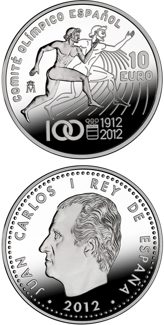 Image of 10 euro coin - Centenary of the Spanish Olympic Committee | Spain 2012.  The Silver coin is of Proof quality.