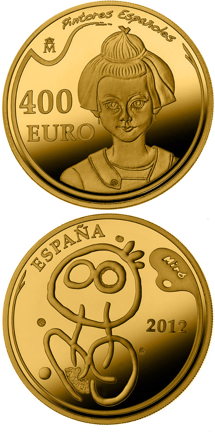 Image of 400 euro coin - 5th Series Spanish Painters - Joan Miró | Spain 2012.  The Gold coin is of Proof quality.