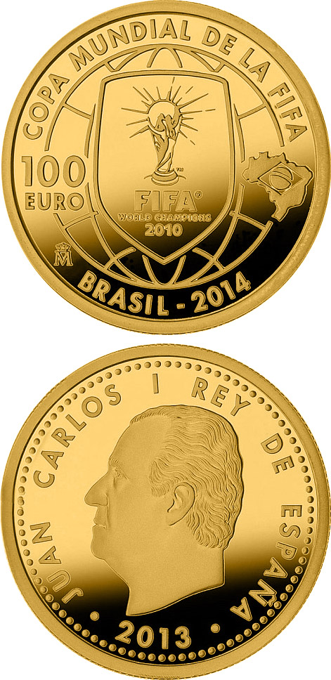 Image of 100 euro coin - 2014 FIFA World Cup Brazil | Spain 2013.  The Gold coin is of Proof quality.
