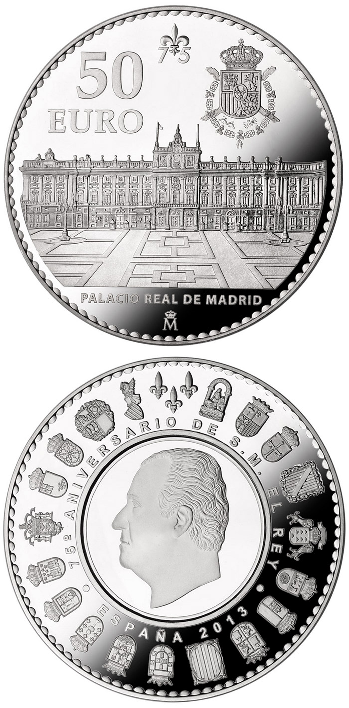 Image of 50 euro coin - 75th birthday of His Majesty the King | Spain 2013.  The Silver coin is of Proof quality.
