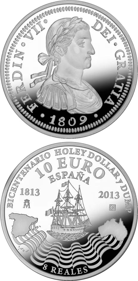 Image of 10 euro coin - Bi-Centennial of the Holey Dollar and the Dump | Spain 2013.  The Silver coin is of Proof quality.
