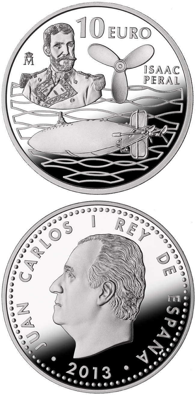 Image of 10 euro coin - 125th Anniversary of the Peral Submarine - Isaac Peral | Spain 2013.  The Silver coin is of Proof quality.