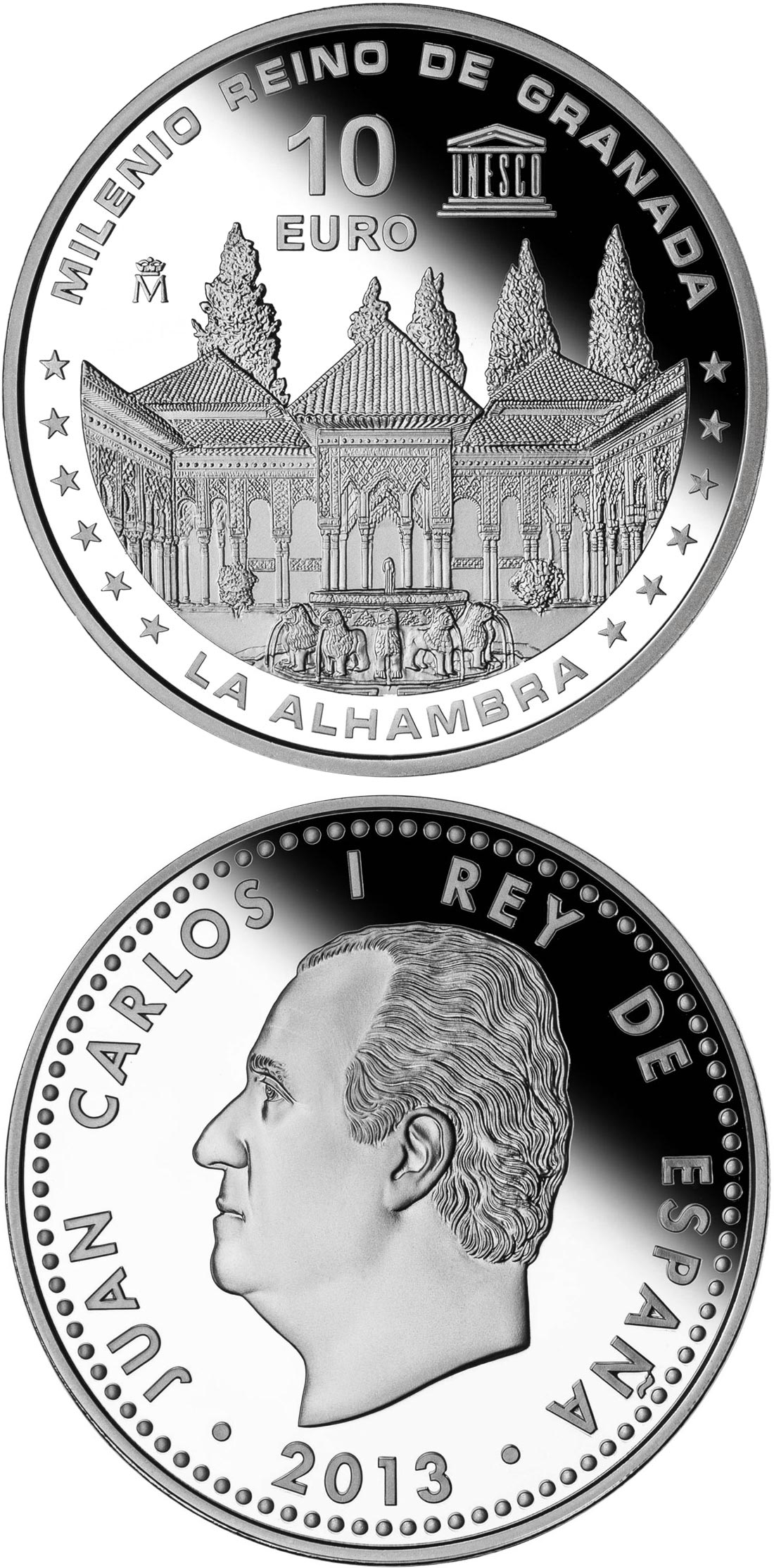Image of 10 euro coin - Millennium of the Kingdom of Granada | Spain 2013.  The Silver coin is of Proof quality.