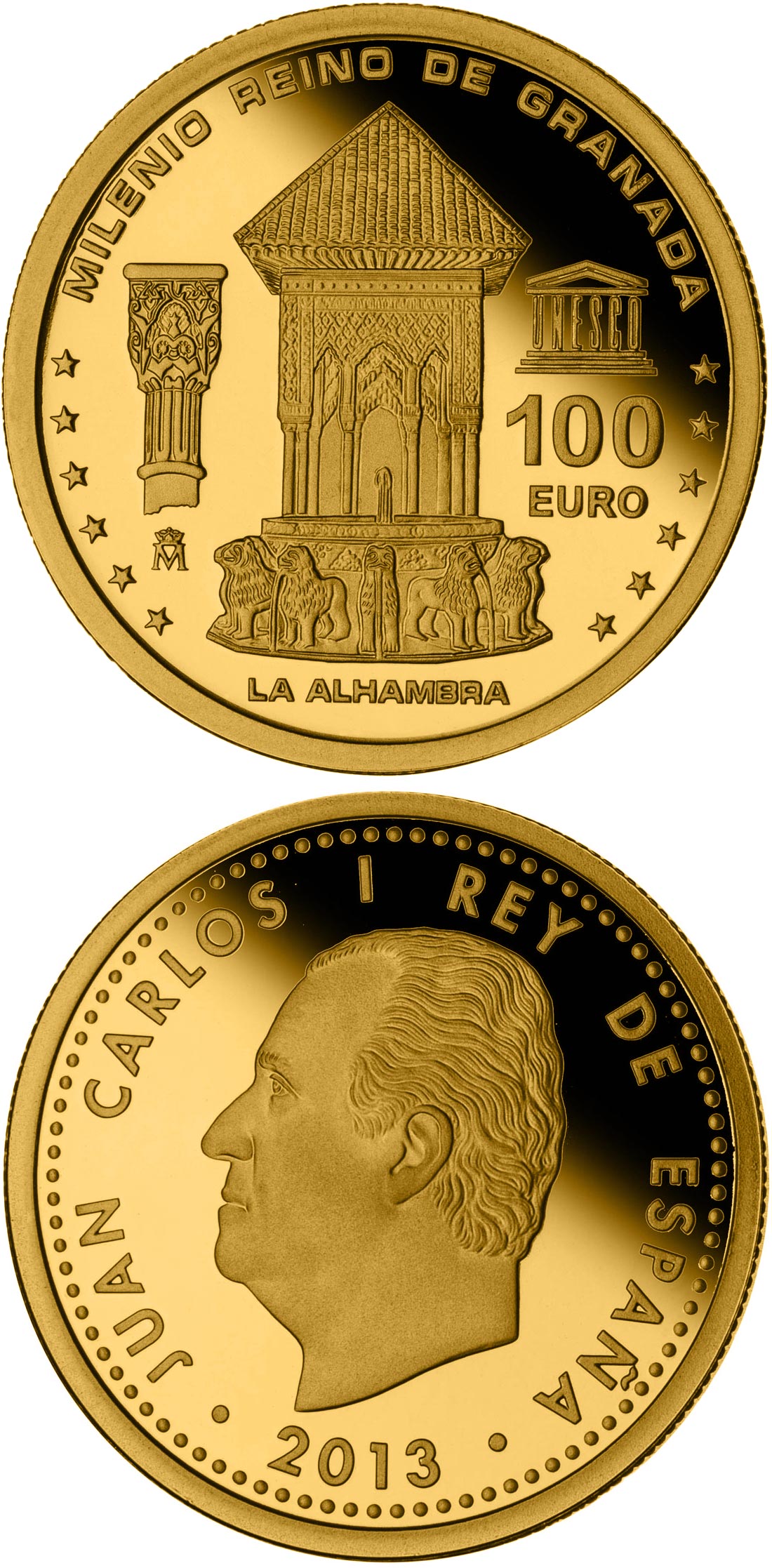 Image of 100 euro coin - Millennium of the Kingdom of Granada | Spain 2013.  The Gold coin is of Proof quality.