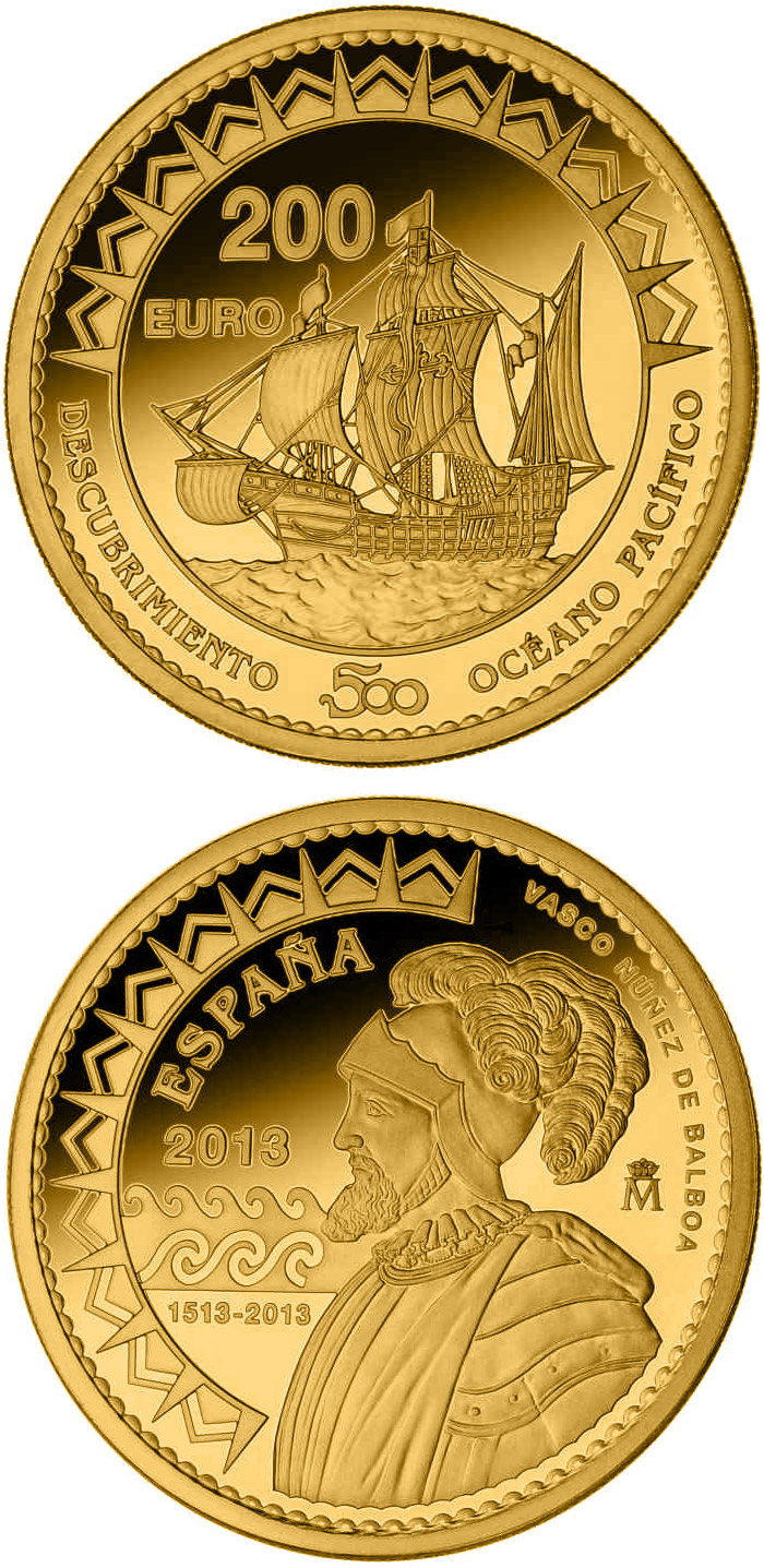 Image of 200 euro coin - 500th Anniversary of the Pacific Ocean | Spain 2013.  The Gold coin is of Proof quality.
