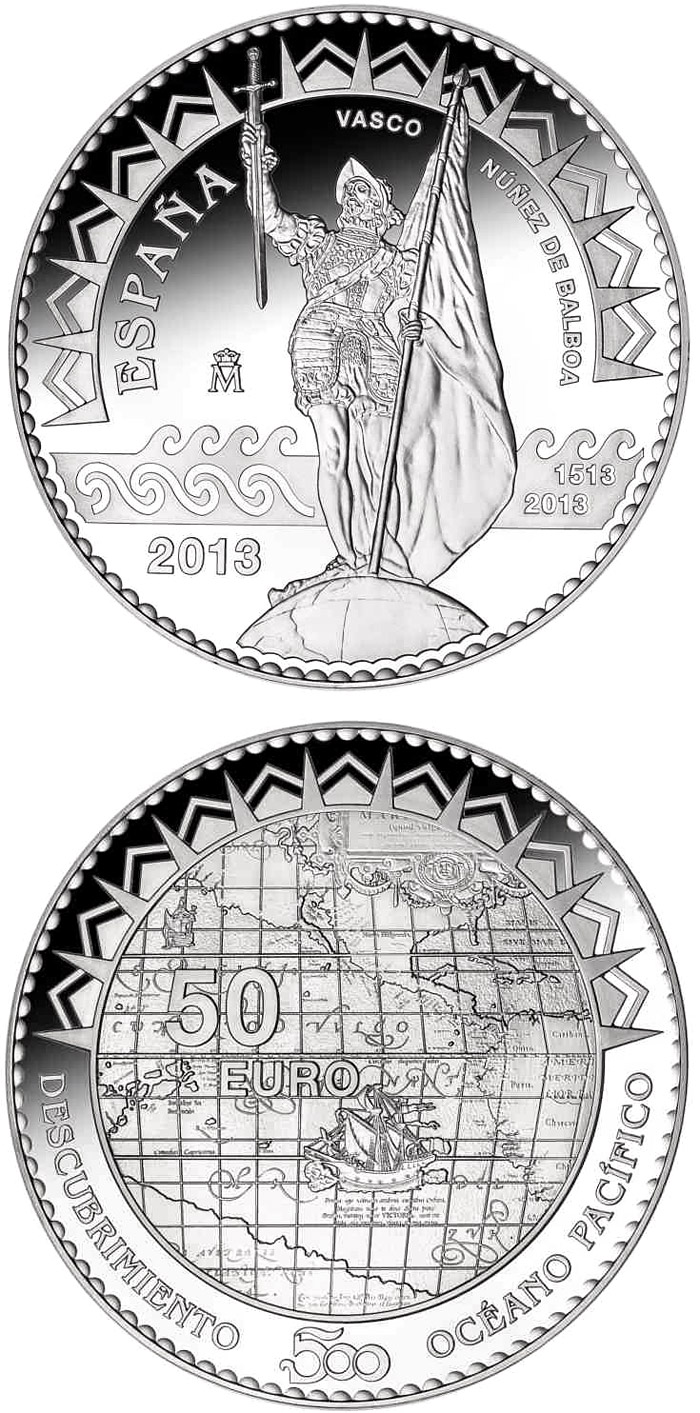 Image of 50 euro coin - 500th Anniversary of the Pacific Ocean | Spain 2013.  The Silver coin is of Proof quality.