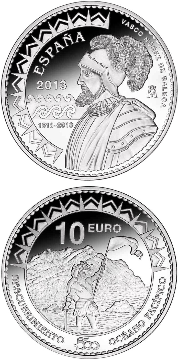 Image of 10 euro coin - 500th Anniversary of the Pacific Ocean | Spain 2013.  The Silver coin is of Proof quality.