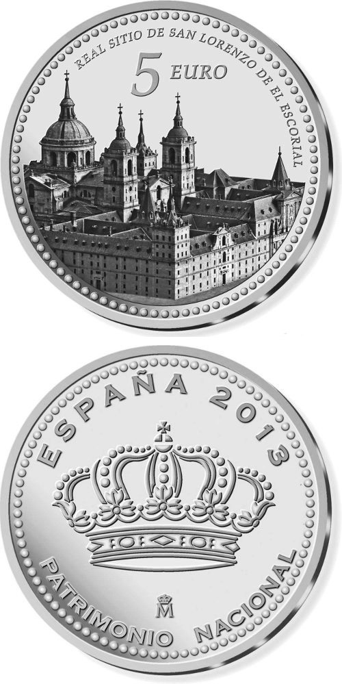 Image of 5 euro coin - Real Monasterio de San Lorenzo de El Escorial | Spain 2014.  The Silver coin is of Proof quality.