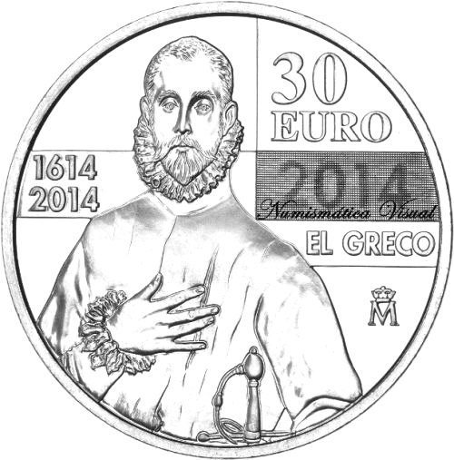 Image of 30 euro coin - 400th Anniversary of El Greco  | Spain 2014.  The Silver coin is of Proof quality.