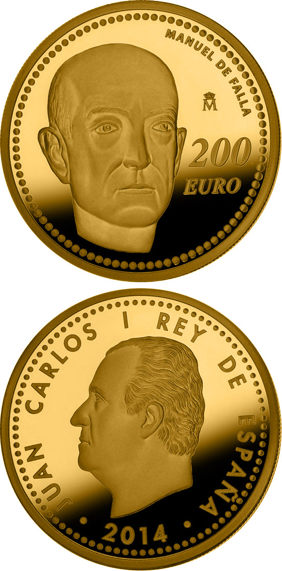 Image of 200 euro coin - Manuel de Falla | Spain 2014.  The Gold coin is of Proof quality.