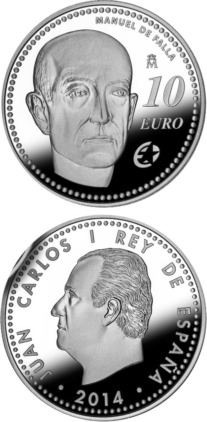Image of 10 euro coin - Manuel de Falla | Spain 2014.  The Silver coin is of Proof quality.