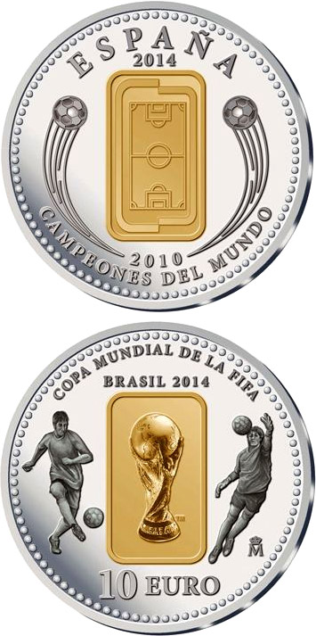 Image of 10 euro coin - FIFA 2014 : World Cup in Brazil | Spain 2014.  The Silver coin is of Proof quality.