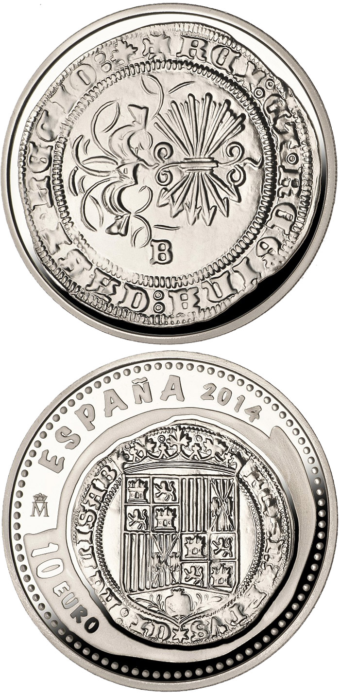 Image of 10 euro coin - 5th Series Numismatic Treasures: Queen Isabella | Spain 2014.  The Silver coin is of Proof quality.