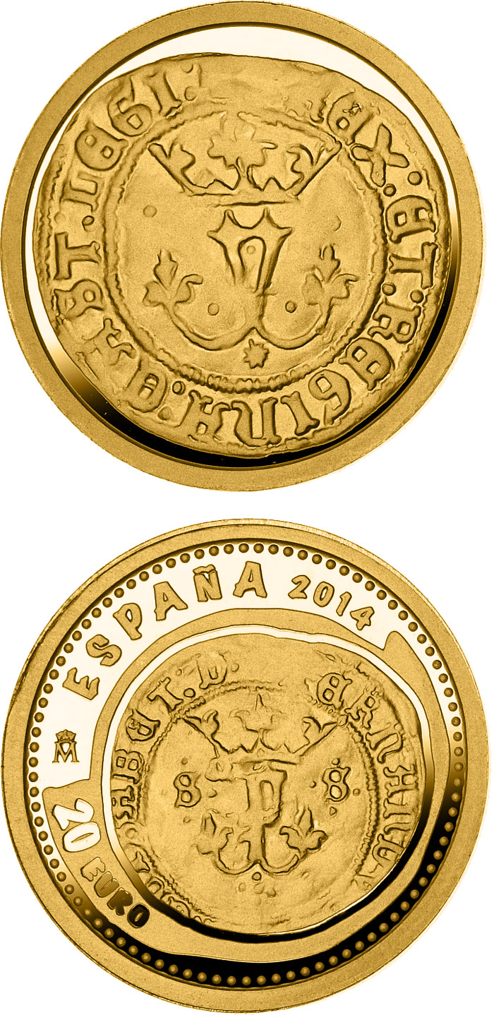 Image of 20 euro coin - 5th Series Numismatic Treasures: Queen Isabella | Spain 2014.  The Gold coin is of Proof quality.