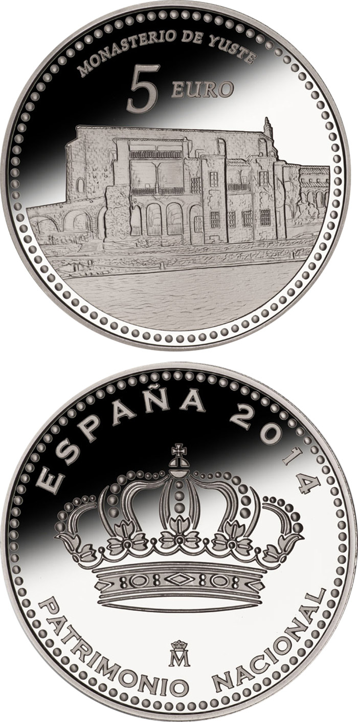 Image of 5 euro coin - Monastery of Yuste | Spain 2014.  The Silver coin is of Proof quality.