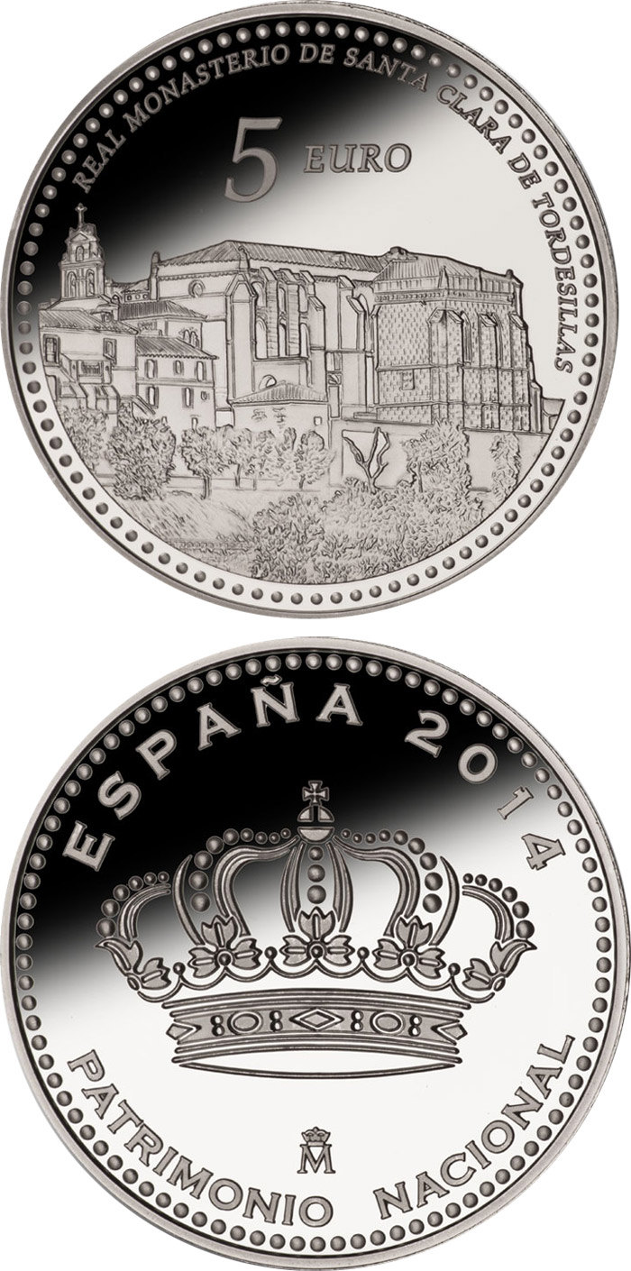 Image of 5 euro coin - Royal Convent of Santa Clara | Spain 2014.  The Silver coin is of Proof quality.