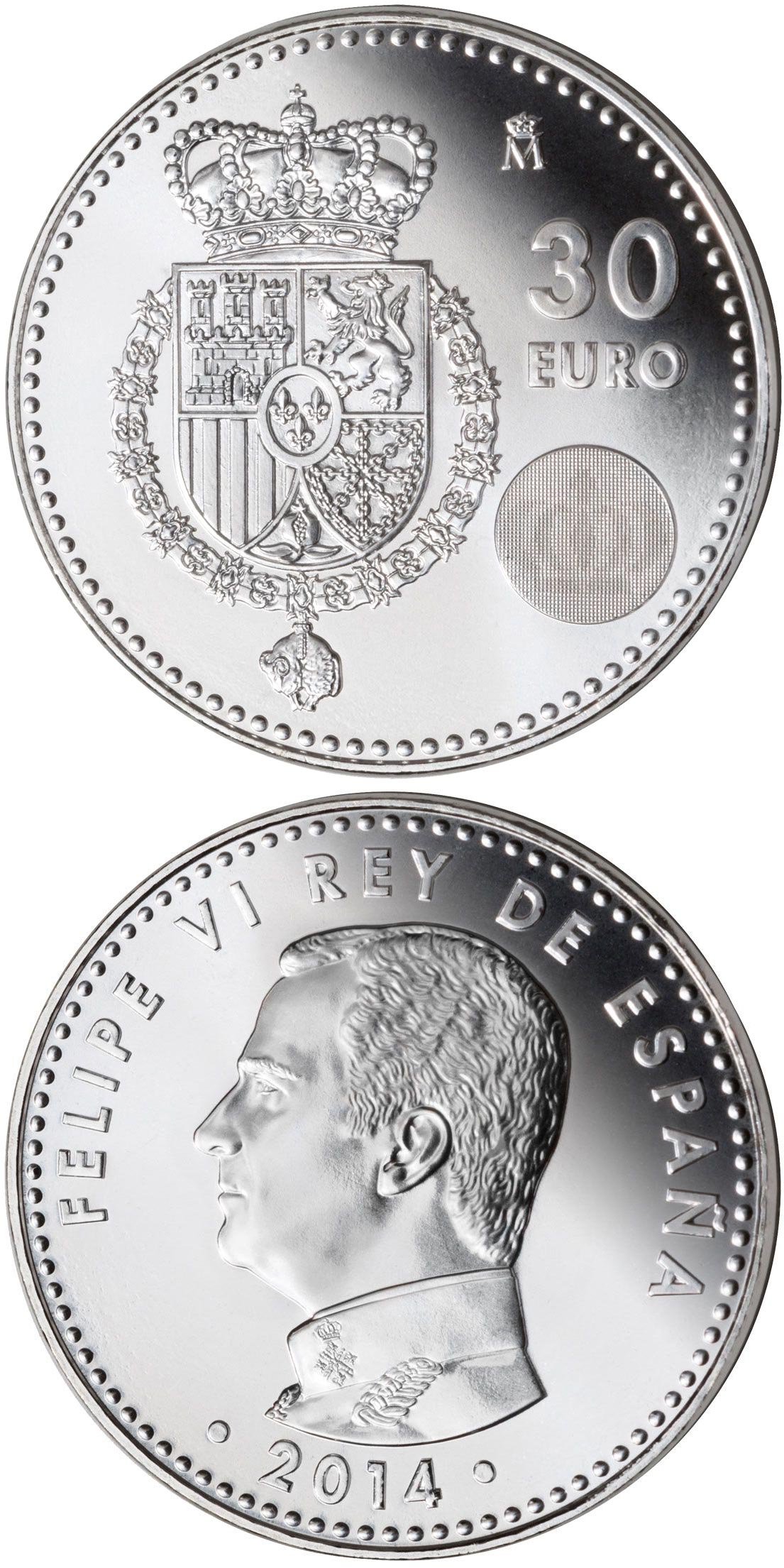 Image of 30 euro coin - Felipe VI | Spain 2014.  The Silver coin is of Proof quality.