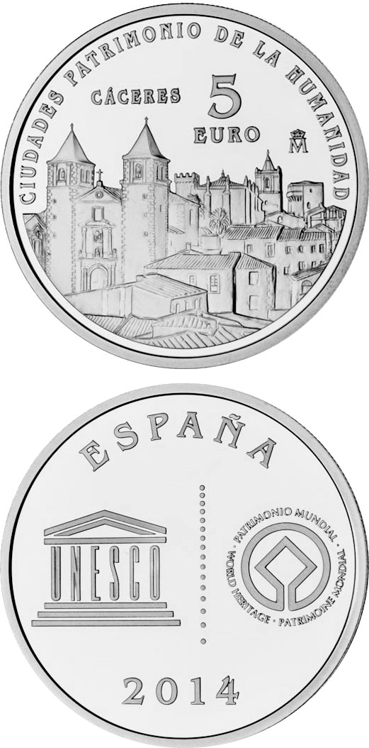 Image of 5 euro coin - Cáceres | Spain 2014.  The Silver coin is of Proof quality.