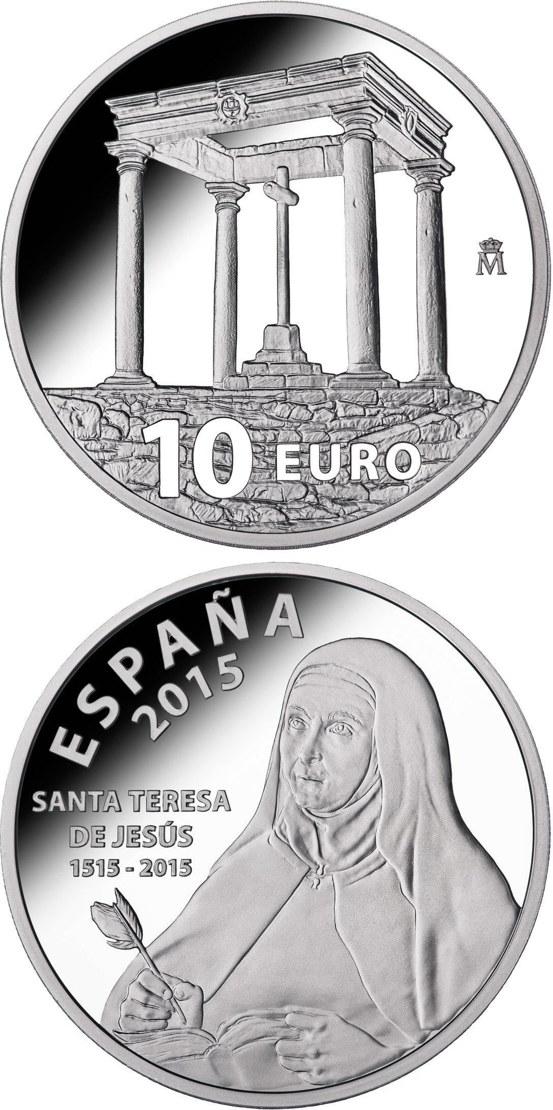 Image of 10 euro coin - 500th Anniversary of Saint Teresa of Jesus | Spain 2015.  The Silver coin is of Proof quality.
