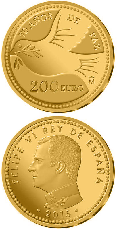 Image of 200 euro coin - 70 Years of United Nations | Spain 2015.  The Gold coin is of Proof quality.