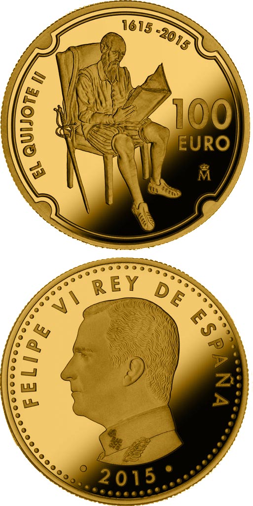 Image of 100 euro coin - 400 Years of Don Quijote | Spain 2015.  The Gold coin is of Proof quality.