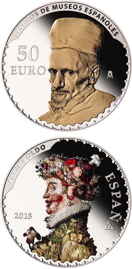 Image of 50 euro coin - Spanish Museum Treasures III: Arcimboldo y Velázquez | Spain 2015.  The Silver coin is of Proof quality.