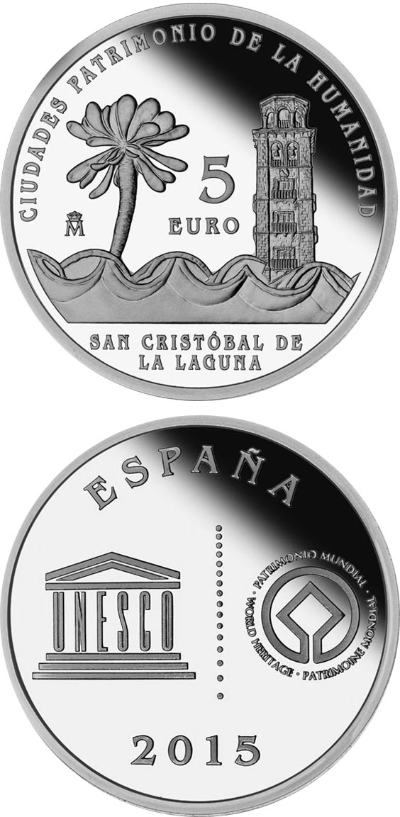 Image of 5 euro coin - San Cristóbal de La Laguna | Spain 2015.  The Silver coin is of Proof quality.