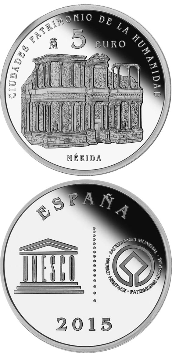Image of 5 euro coin - Mérida | Spain 2015.  The Silver coin is of Proof quality.