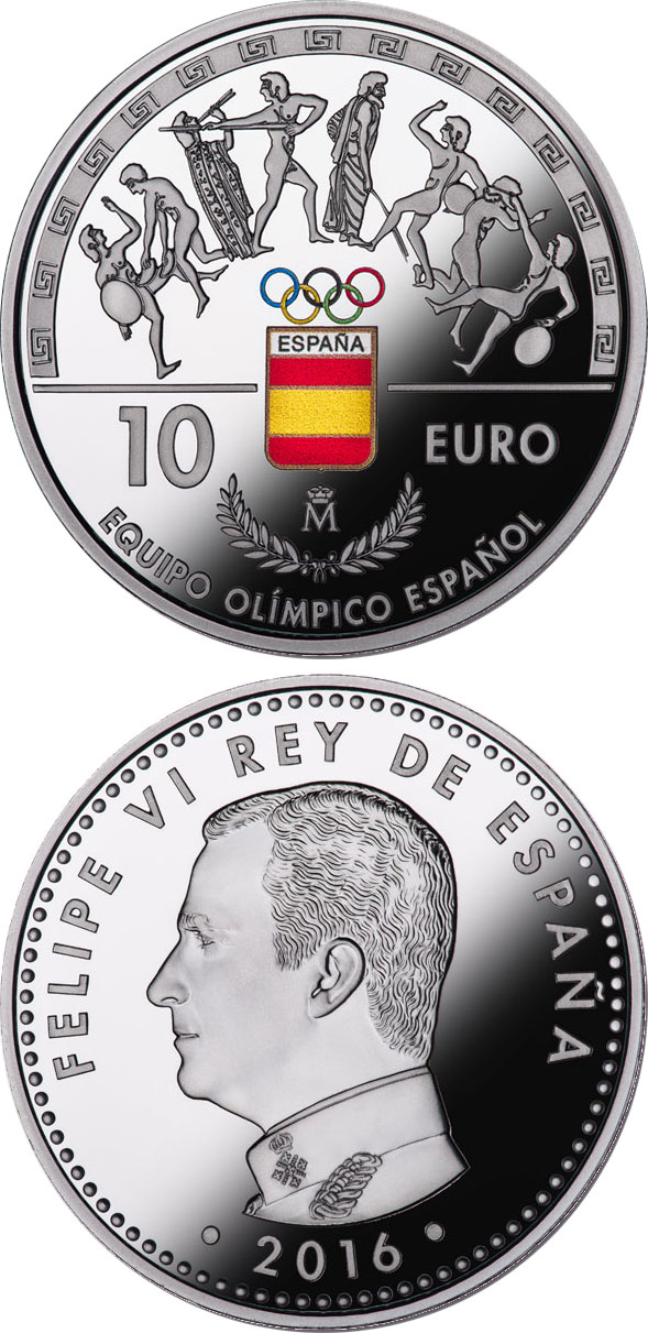 Image of 10 euro coin - Spanish Olympic Team | Spain 2016.  The Silver coin is of Proof quality.