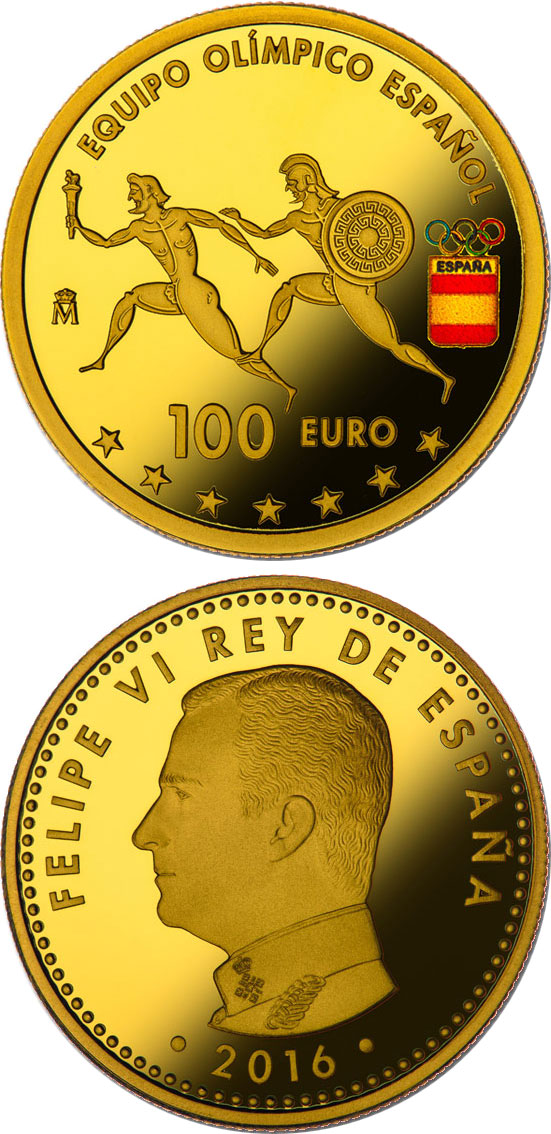 Image of 100 euro coin - Spanish Olympic Team | Spain 2016.  The Gold coin is of Proof quality.