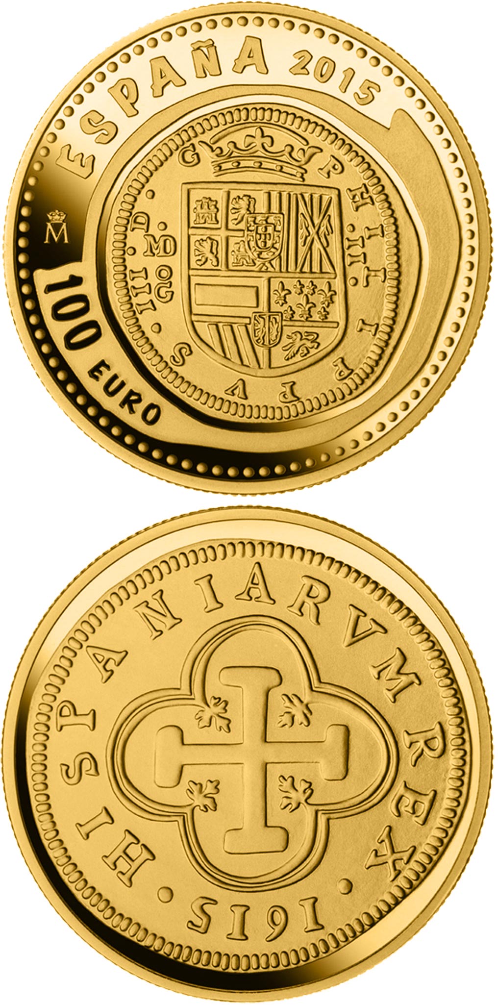 Image of 100 euro coin - 6th Series Numismatic Treasures: 400th anniversary of the inauguration of the Mint of Madrid | Spain 2015.  The Gold coin is of Proof quality.