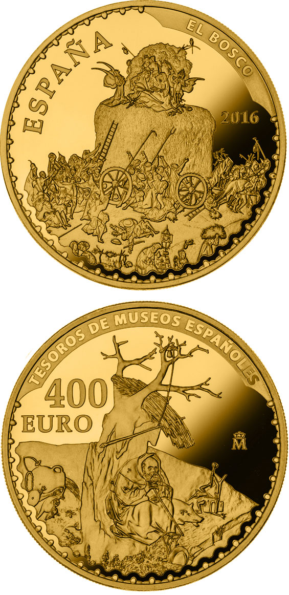 Image of 400 euro coin - Spanish Museum Treasures IV: Bosch - The Haywain | Spain 2016.  The Gold coin is of Proof quality.