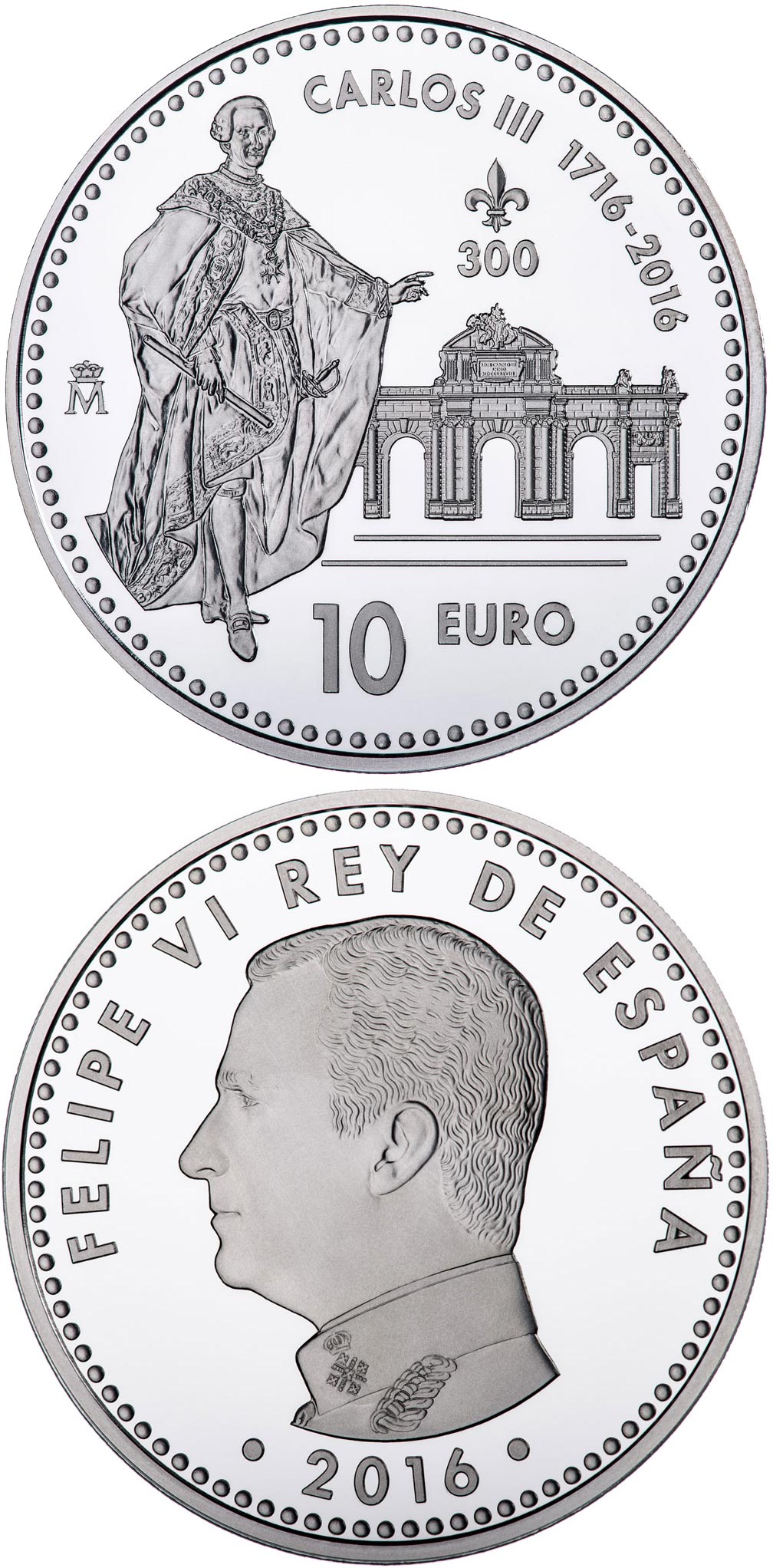 Image of 10 euro coin - Third Centenary of the Birth of Carlos III | Spain 2016.  The Silver coin is of Proof quality.