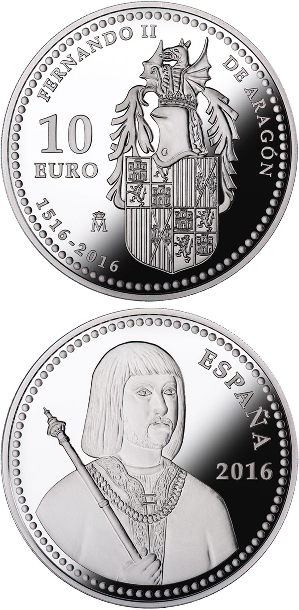 Image of 10 euro coin - 5th Centenary of Ferdinand II of Aragon | Spain 2016.  The Silver coin is of Proof quality.