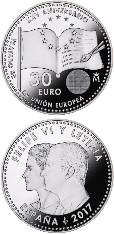 Image of 30 euro coin - 25th Anniversary of Treaty on European Union | Spain 2017.  The Silver coin is of BU, UNC quality.