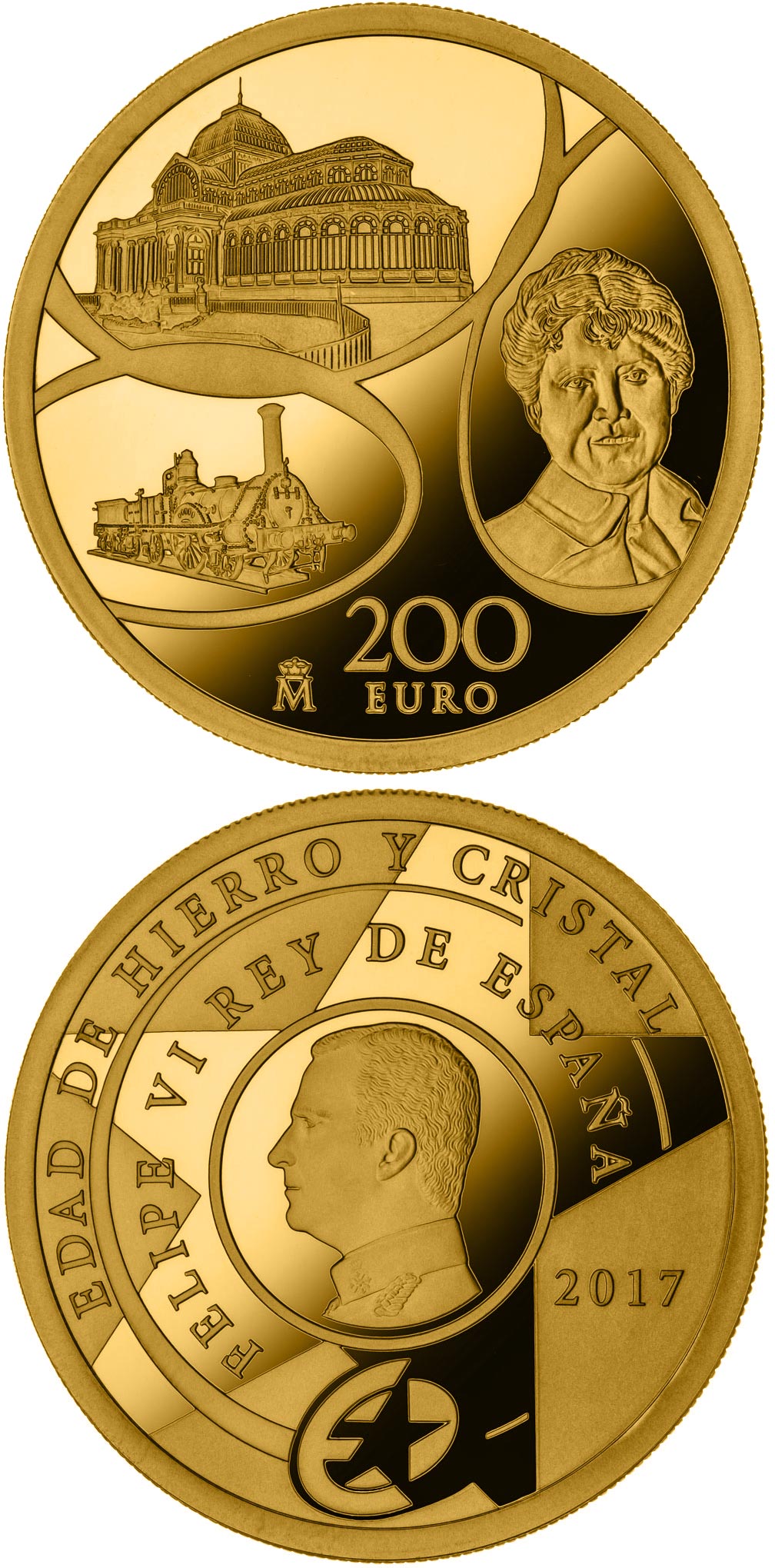 Image of 200 euro coin - The Age of Iron and Glass | Spain 2017.  The Gold coin is of Proof quality.
