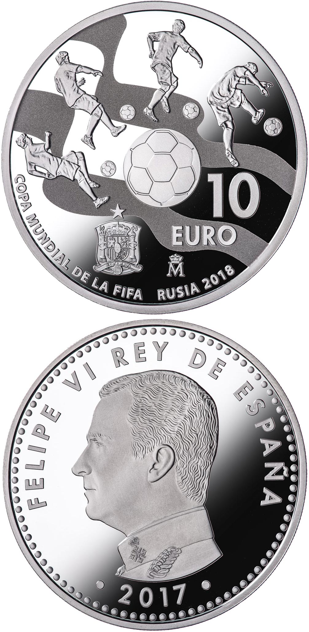 Image of 10 euro coin - FIFA World Cup Russia 2018 | Spain 2017.  The Silver coin is of Proof quality.