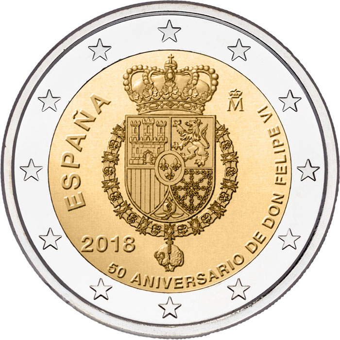 Image of 2 euro coin - 50th Birthday of King Felipe VI | Spain 2018