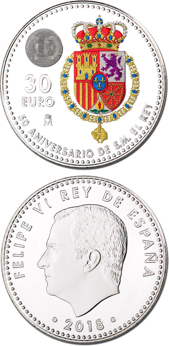 Image of 30 euro coin - 50th Birthday of King Felipe VI | Spain 2018.  The Silver coin is of BU, UNC quality.