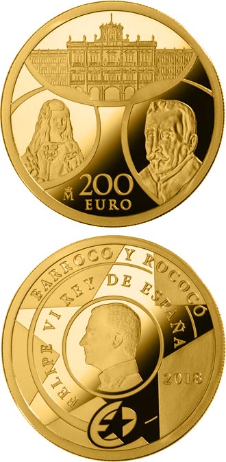 Image of 200 euro coin - Baroque and Rococo | Spain 2018.  The Gold coin is of Proof quality.