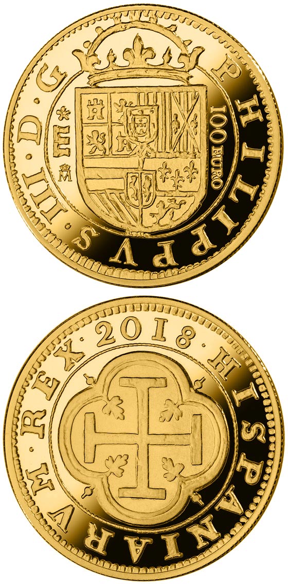 Image of 100 euro coin - 150th Anniversary Spanish Escudos | Spain 2018.  The Gold coin is of Proof quality.