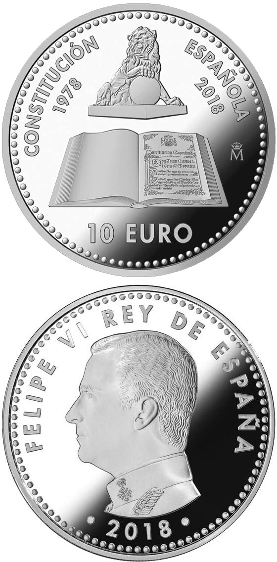 Image of 10 euro coin - 40th Anniversary of the Spanish Constitution | Spain 2018.  The Silver coin is of Proof quality.