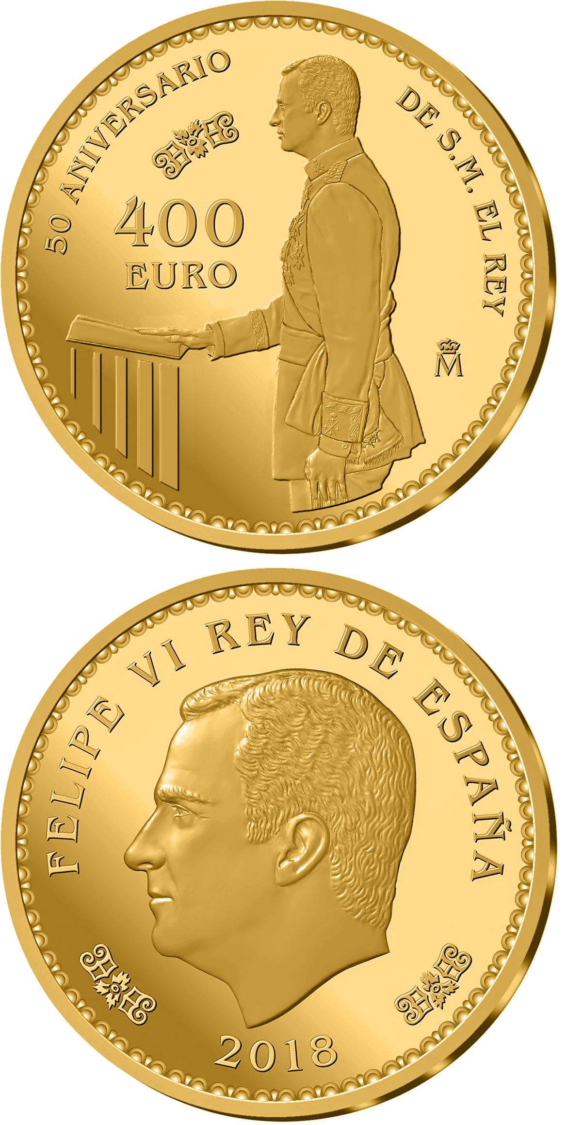 Image of 400 euro coin - 50th Anniversary of H.M. Felipe VI | Spain 2018.  The Gold coin is of Proof quality.