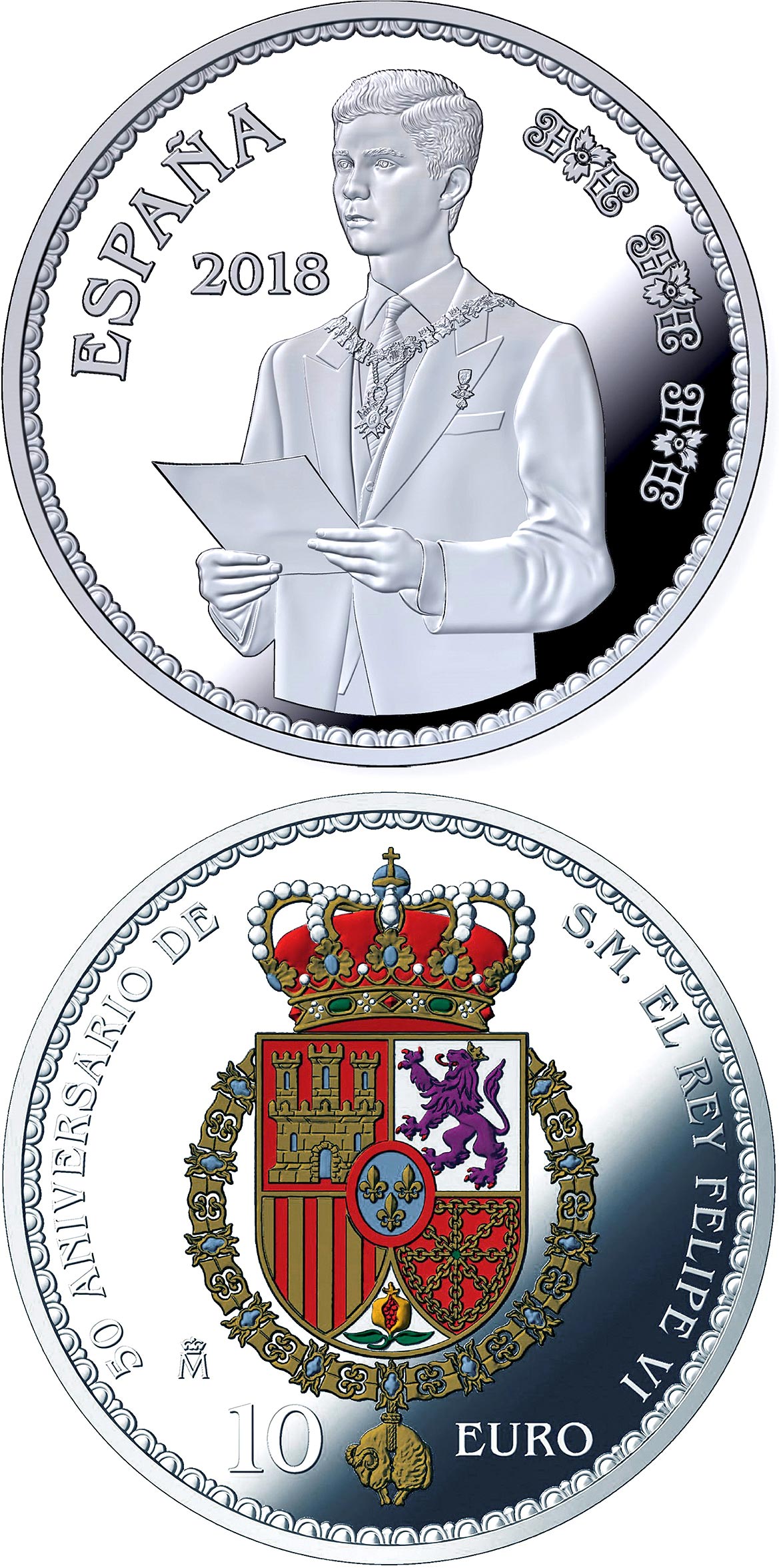 Image of 10 euro coin - 50th Anniversary of H.M. Felipe VI | Spain 2018.  The Silver coin is of Proof quality.