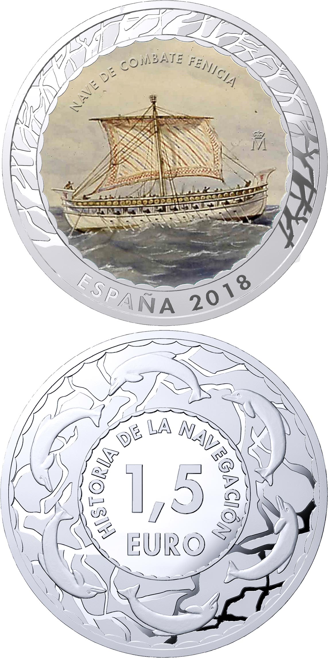 Image of 1.5 euro coin - Phoenician Warship | Spain 2018.  The Copper–Nickel (CuNi) coin is of BU quality.