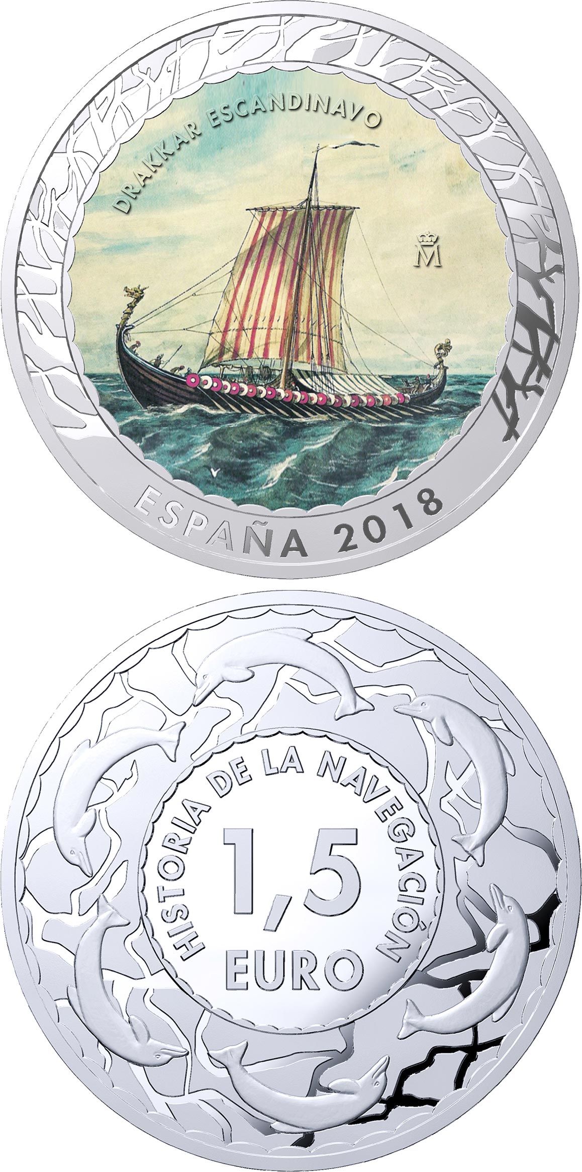 Image of 1.5 euro coin - Scandinavian Drakkar | Spain 2018.  The Copper–Nickel (CuNi) coin is of BU quality.