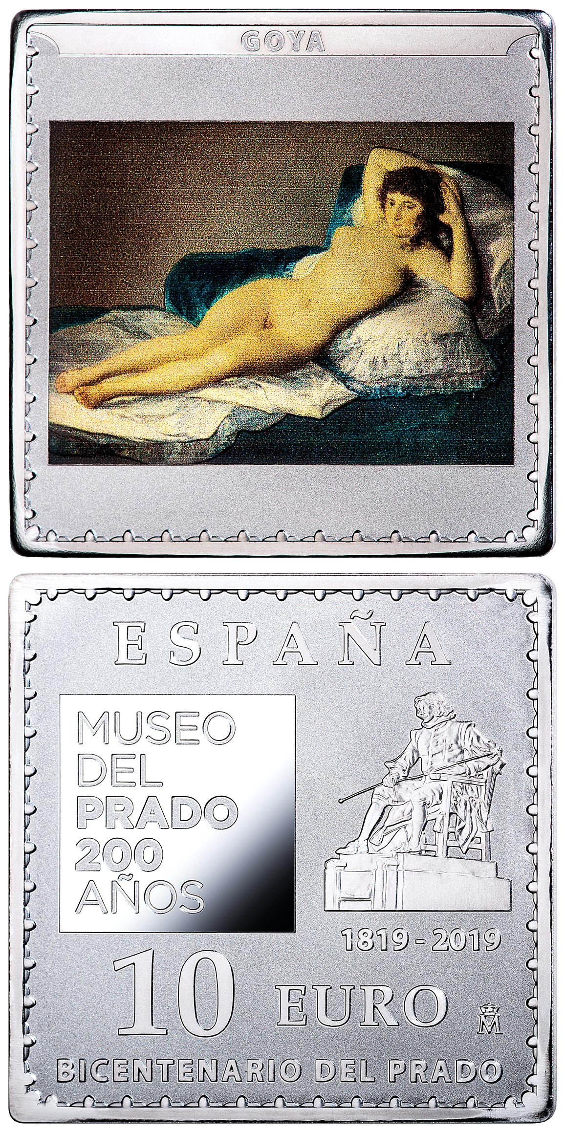 Image of 10 euro coin - Bicentenary of the Museum del Prado - La maja desnuda | Spain 2019.  The Silver coin is of Proof quality.