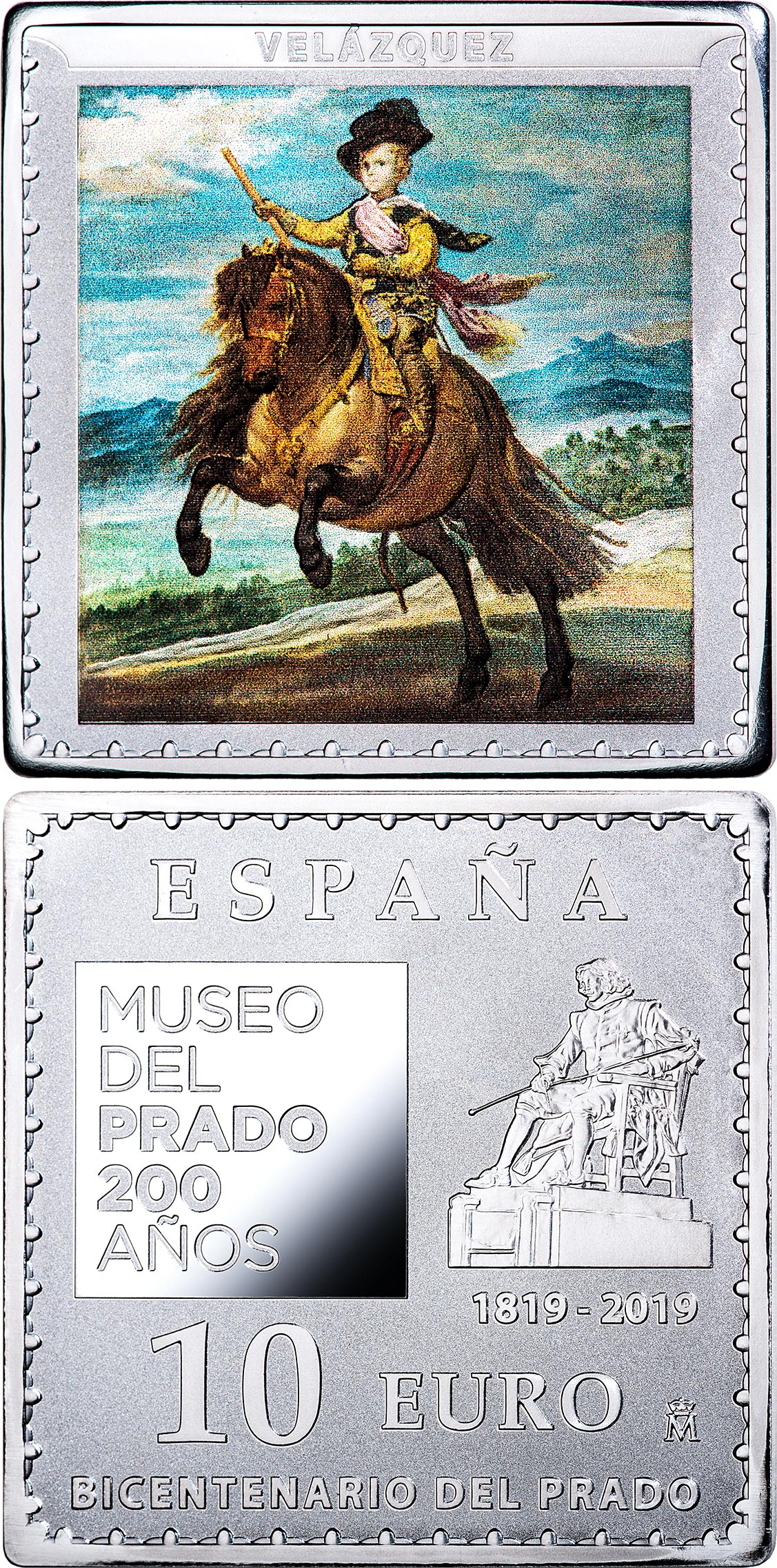 Image of 10 euro coin - Bicentenary of the Museum del Prado - Prince Baltasar Carlos, on horseback | Spain 2019.  The Silver coin is of Proof quality.